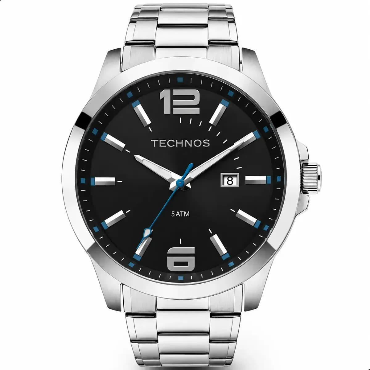 Relógio Technos Masculino 2115gu/1a 45 Milímetros Aço Inoxidável Com Fundo Preto E Azul Prova D´agua 50m Prata Preta Com Azul