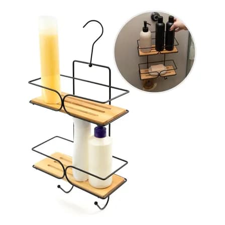 Porta Shampoo Organizador Banheiro Com Ganchos Ferro E Bambu