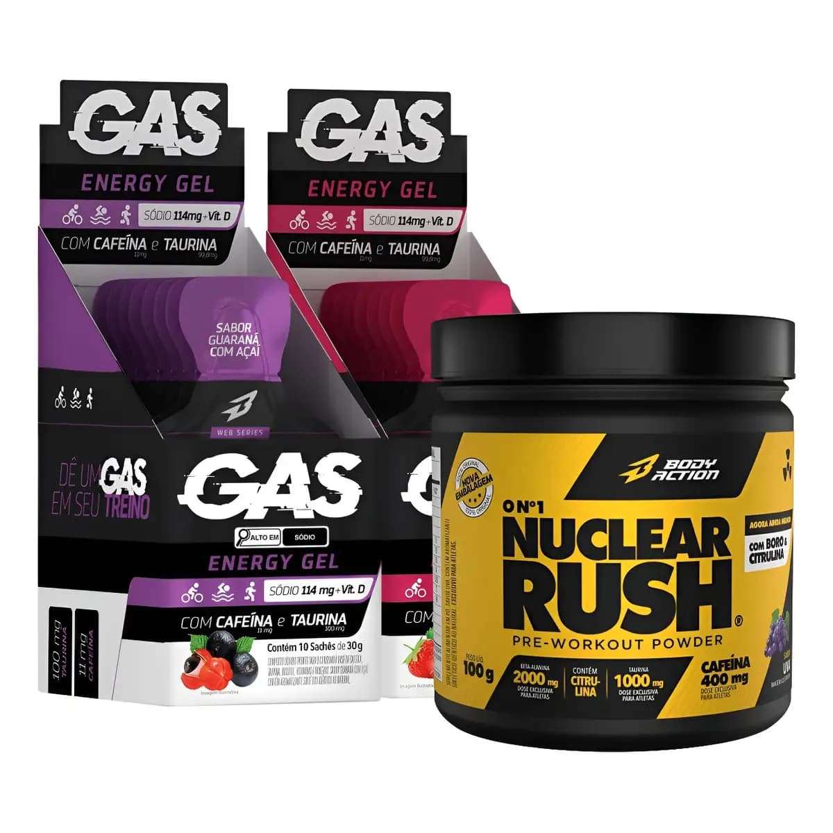 2x Caixas Gas Energy Gel 20 Sachês + Pré Treino Nuclear Rush Sabor Uva