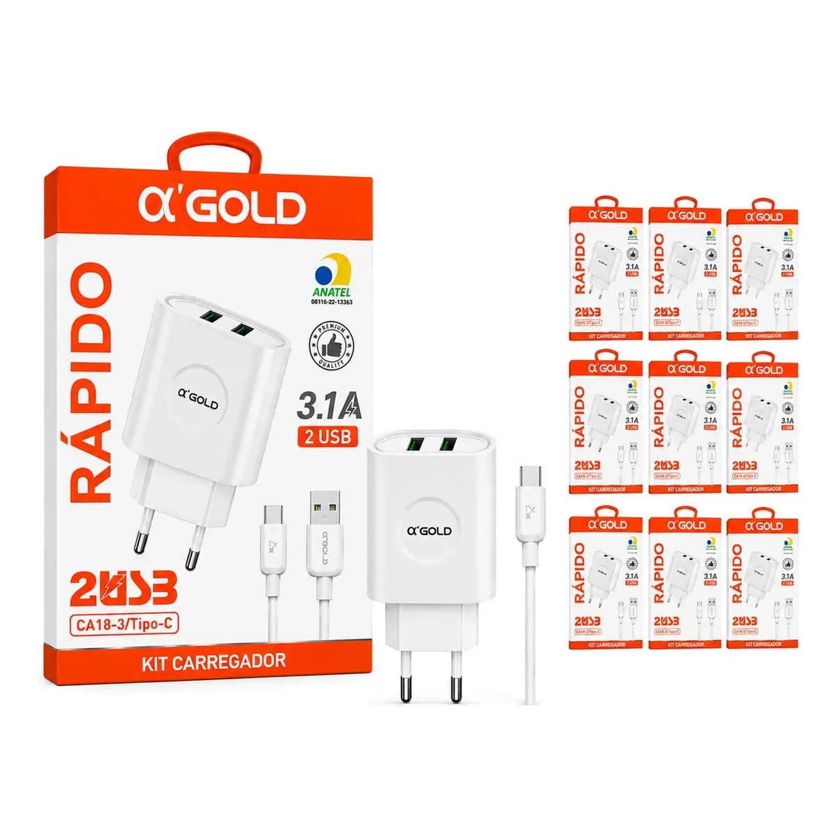 Kit 10 Carregador + Cabo Tipo C 2 Usb Rápido Atacado Revenda Branco