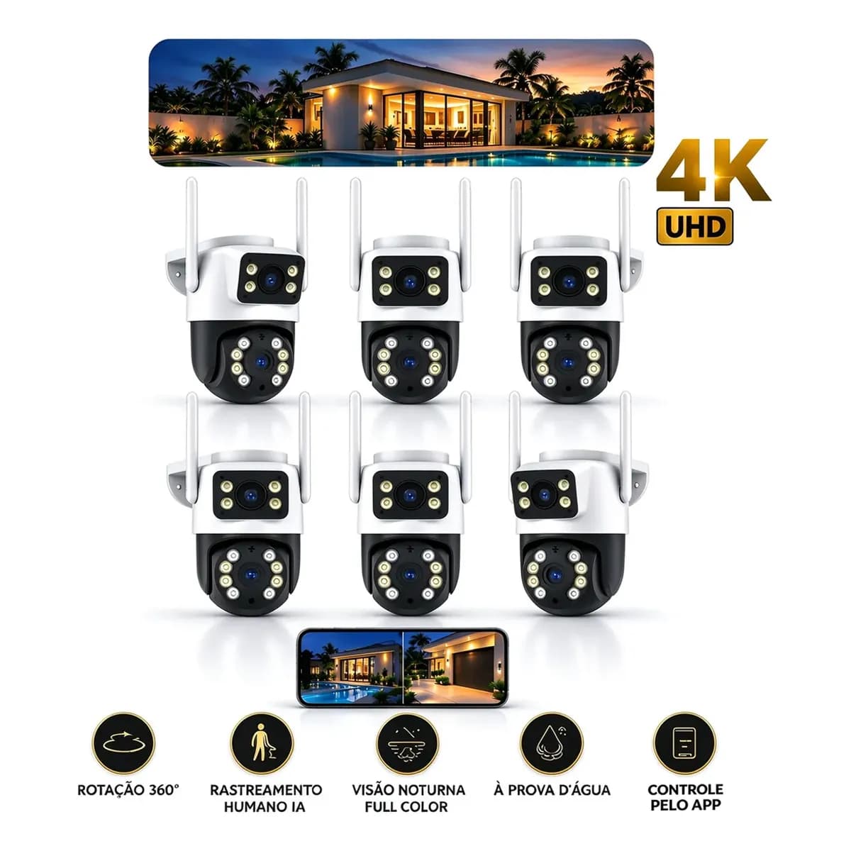 Kit 6 Câmera Lente Dupla Segurança Residencial Visão Noturna Branco