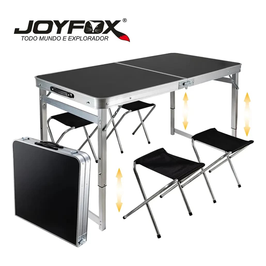 Mesa Dobrável Joyfox Alumínio Preto Retangular 1.2m com 4 Cadeiras (Com Altura Regulável