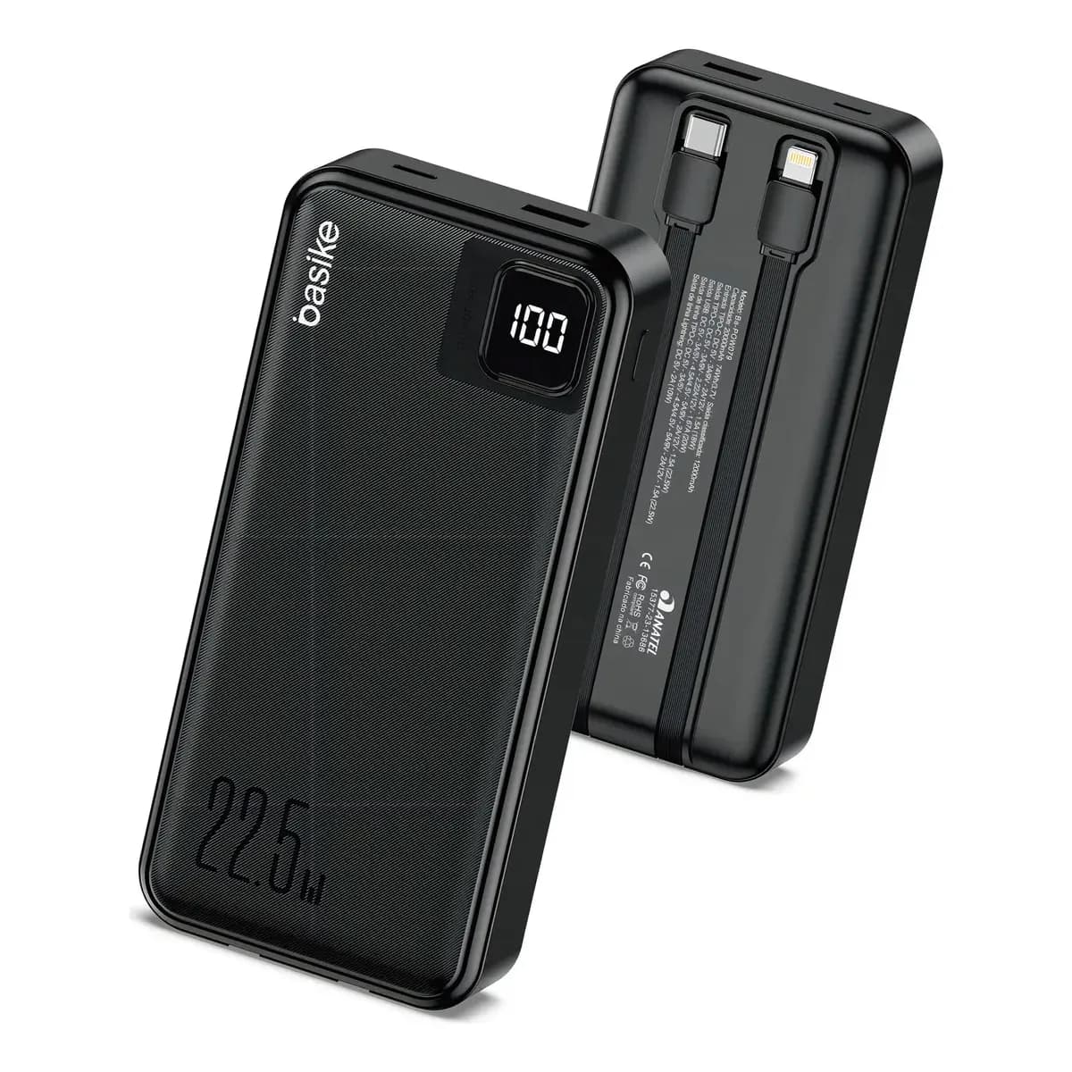 Power Bank Basike 20000mAh Preto, Carga Rápida 22.5W para iPhone e Samsung, Com Cabos Embutidos e Display