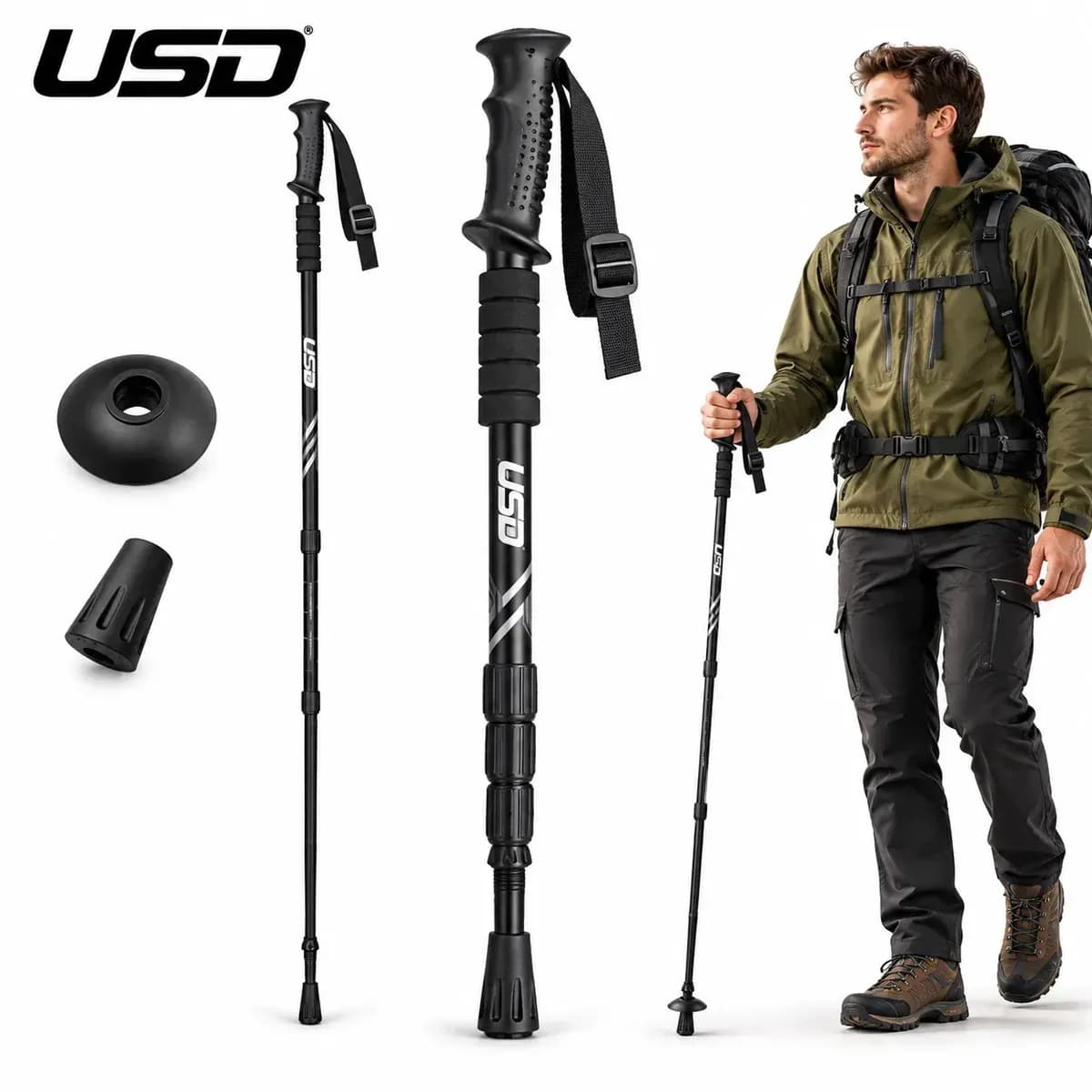 Bastão De Trilha Trekking Montanhismo Caminhada Ergonômico Cor Preto Marca USD