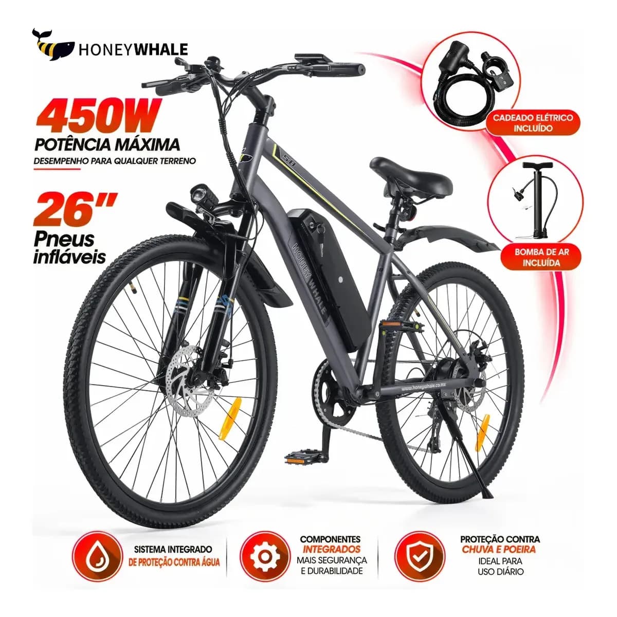 Honeywhale S8 Bicicleta Elétrica Para Adultos, 450w Motor, 50km Autonomia, 35km/h Velocidade Máxima, 26 Aro, Bateria Removível De 15ah, 7 Velocidades Ebike De Montanha, Bike Honey Whale Cinza