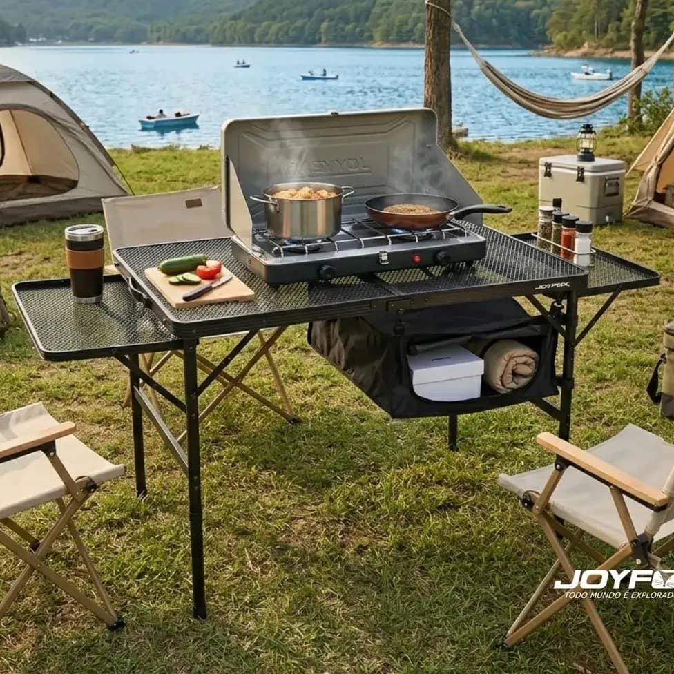 Mesa Dobrável De Camping 135cm Com Painéis Laterais Extensíveis Resistente, Portátil E À Prova De Água E Calor Joyfox
