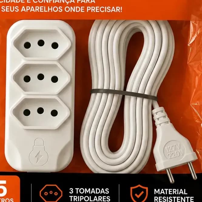 Extensão Elétrica 5 Metros com 3 Tomada Bivolt 10A Branca Bestcon