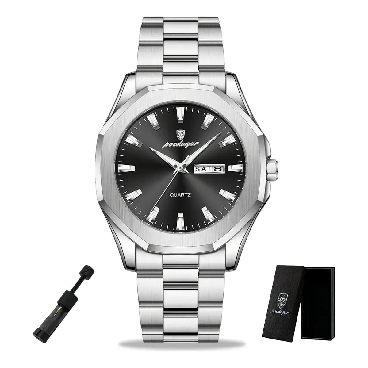 Relógio Poedagar Masculino Aço Inox Prata Ajustável Comcaixa Prateado Preto