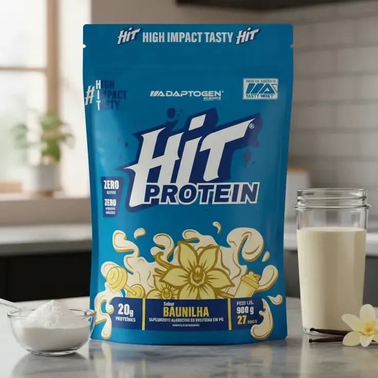 Suplemento Hit Protein Adaptogen Science sachê 900g Whey Protein Zero Gluten Zero açucar Sabor Baunilha
