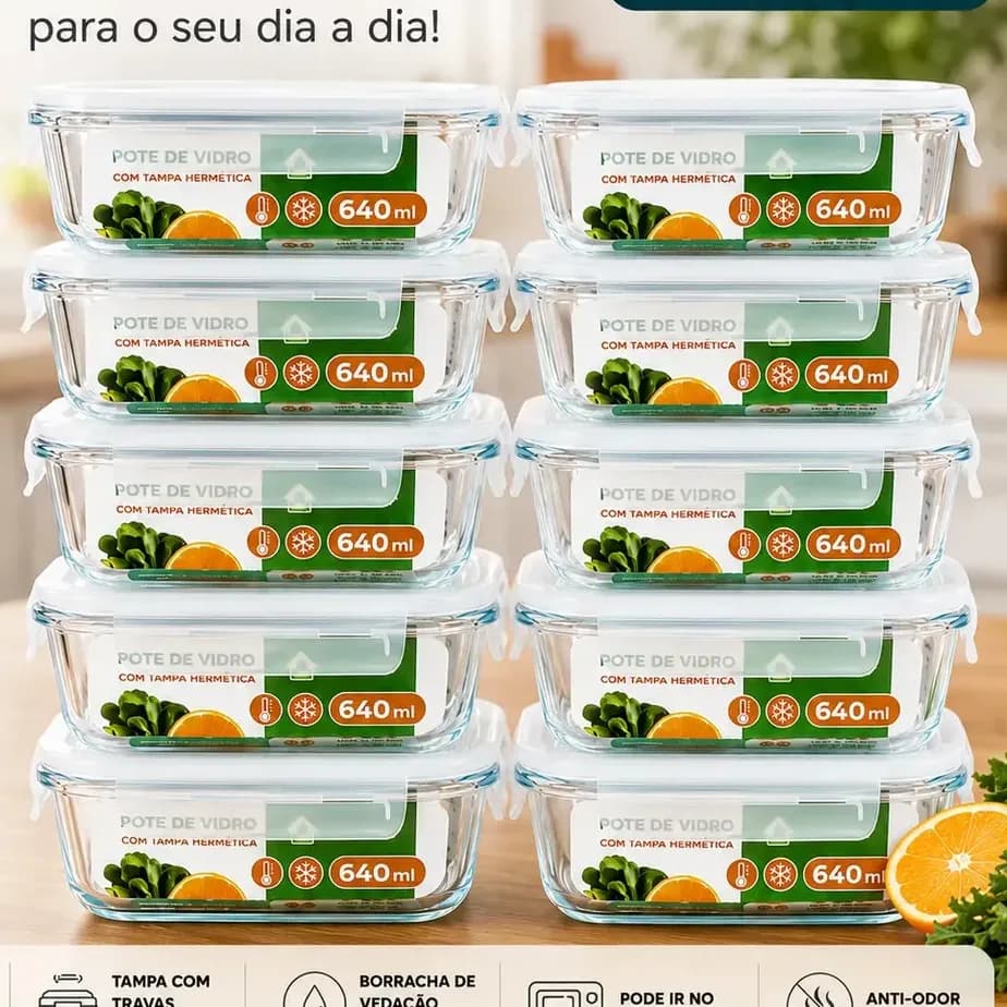 Kit 10 Potes Herméticos De Vidro 640ml Haushop Tampa Firme Vedação