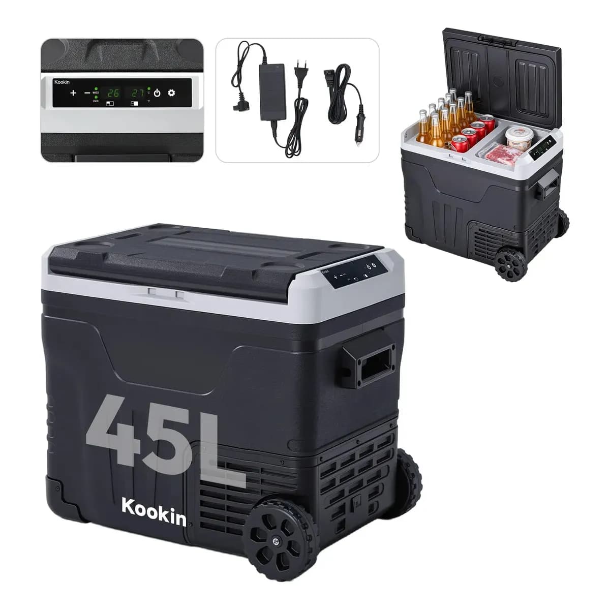 Geladeira Portátil Kookin 45L Duas Zonas Independentes Compressor 12V/24V 110V/220V -20°C Carro Caminhão Motorhome com Adaptador