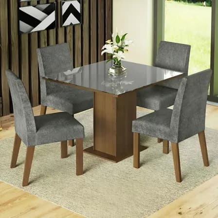 Sala Jantar Estofada Mesa Tampo Vidro 4 Cadeiras Madesa Anne ​Rcs Cor Rustic/Cinza/Silver MDJA040140F9SIL