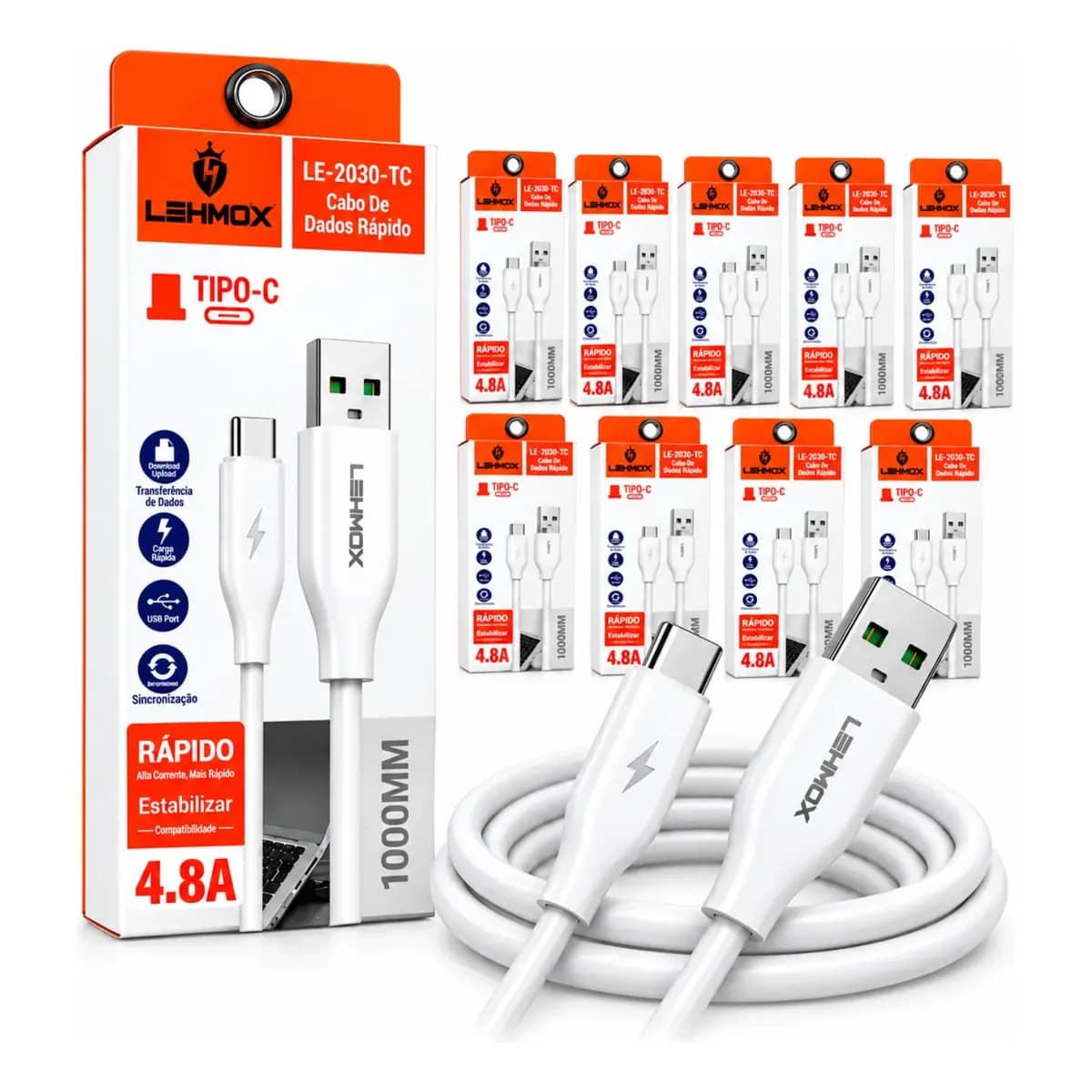 Kit 10 Cabos Usb Tipo C Carregador E Dados Rápido Atacado Branco