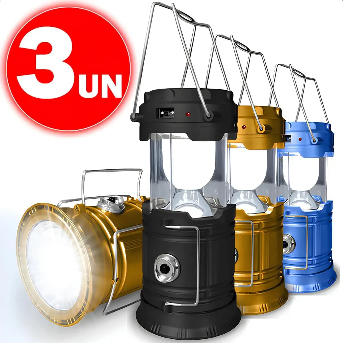 Lampião Solar Lanterna Vintage Recarregável Led Camping Lamparina Pesca Kit Com 3 Unidades Cores Sortidas