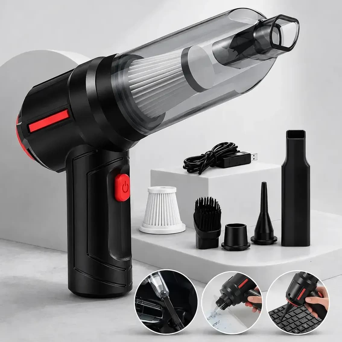 Mini Aspirador De Pó Portátil Recarregável Soprador Usb Automotivo 3em1 Sem Fio Premium Vácuo Limpeza Carro Multifuncional Casa Dr Hank