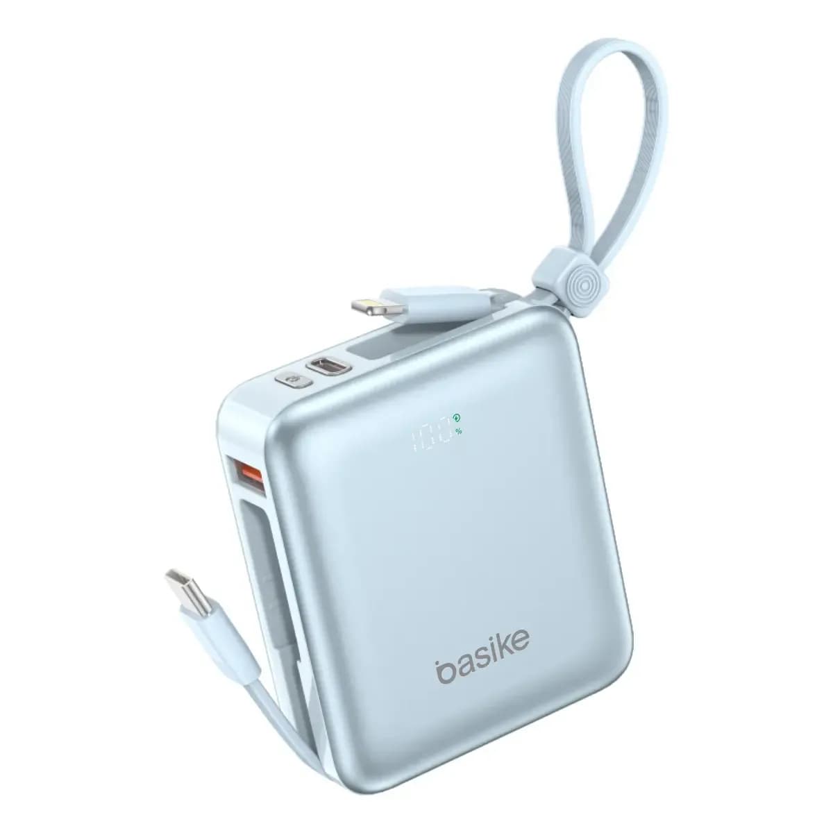 Carregador Portátil Power Bank Basike Turbo Carga 10000mAh 22.5W Rápido 3 Saídas LED Display Rápido Cabos Embutidos Tipo C com iPhone Android Samsung XiaoMi - Azul