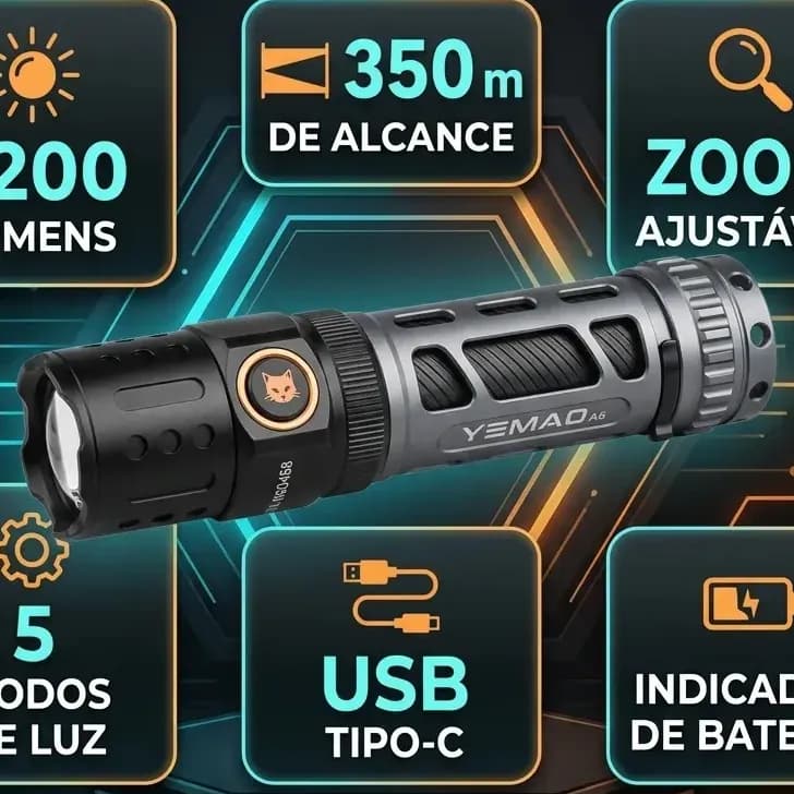 Lanterna Tática Recarregável de 2200 Lúmens com Zoom e USB-C Para Camping e Pesca