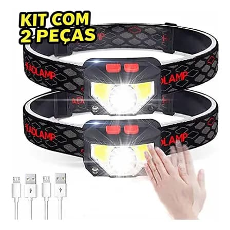 Kit 2 Lanterna De Cabeça Farol Led 6 Modos Recarregável Aventura Preto Branco