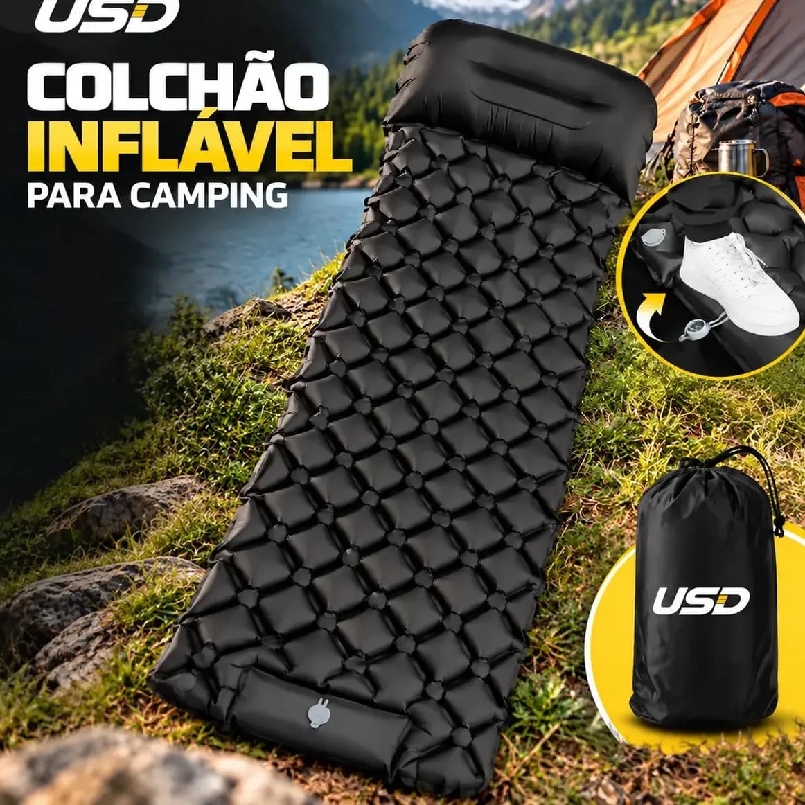 Colchão Inflável Portátil Automático Camping Pesca Trilha Com travesseiro Embutido 190x60cm Cor Preto Marca USD