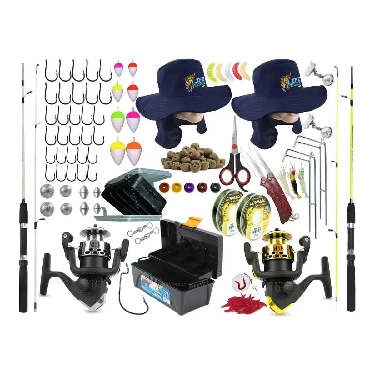 Kit Pescaria 2  Varas P/ Molinete 1,50m + 2 Molinetes+ Caixa