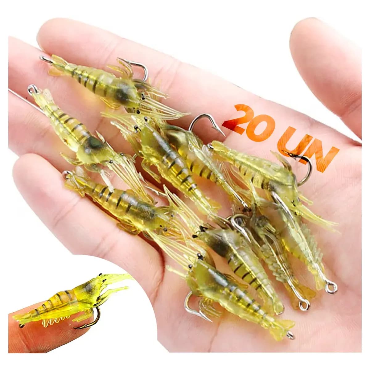 Kit 20 Isca Camarão Artificial Silicone Soft Com Anzol Pesca