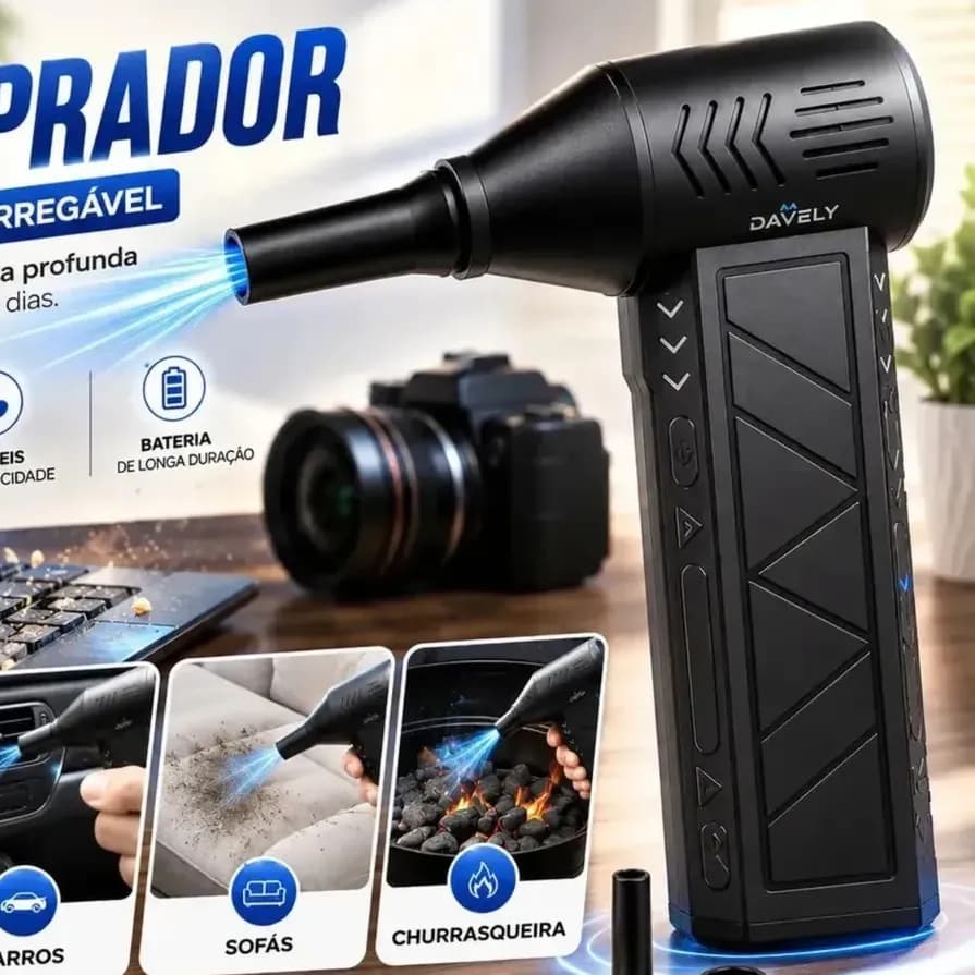 Mini Ventilador Soprador Ar Potente Turbo 130000rpm Assoprador Elétrico Sem Fio Recarregável USB-C 3 Níveis Jato Forte Portátil Multiuso Limpeza Teclado Carro Acende Churrasqueira Davely