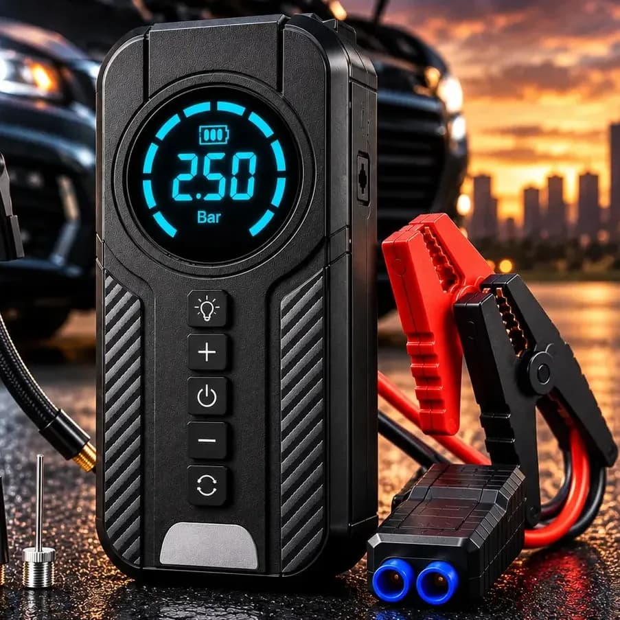 Auxiliar De Partida Bateria Carro Compressor De Ar Portátil 12V 4 funções em 1 Inflador Digital Calibrador Pneu Power Bank Lanterna LED Emergência Automotiva Moto SUV Bicicleta Caminhonete MidiaFone