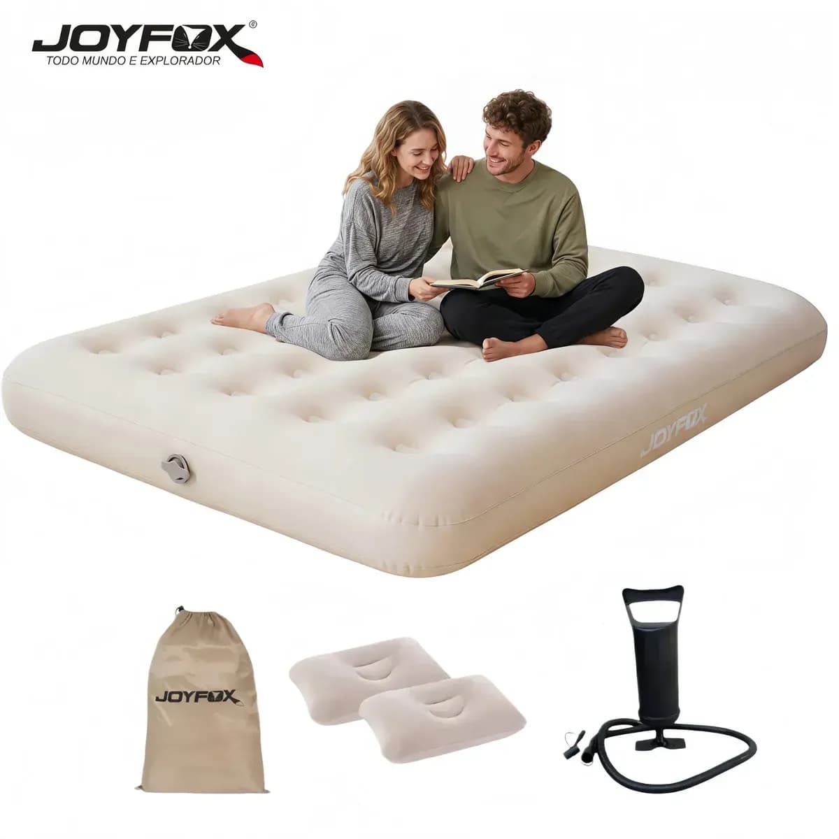 Colchão Inflável Casal Joyfox 19113722cm com Incluindo 2 Travesseiros e Bomba Manual - Creme