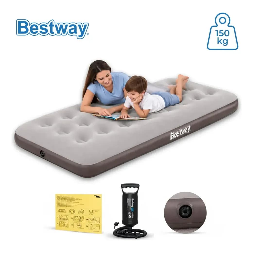 Colchão Camping Solteiro Inflável 150kg Onetech + Bomba De Ar Bestway Cor Bege