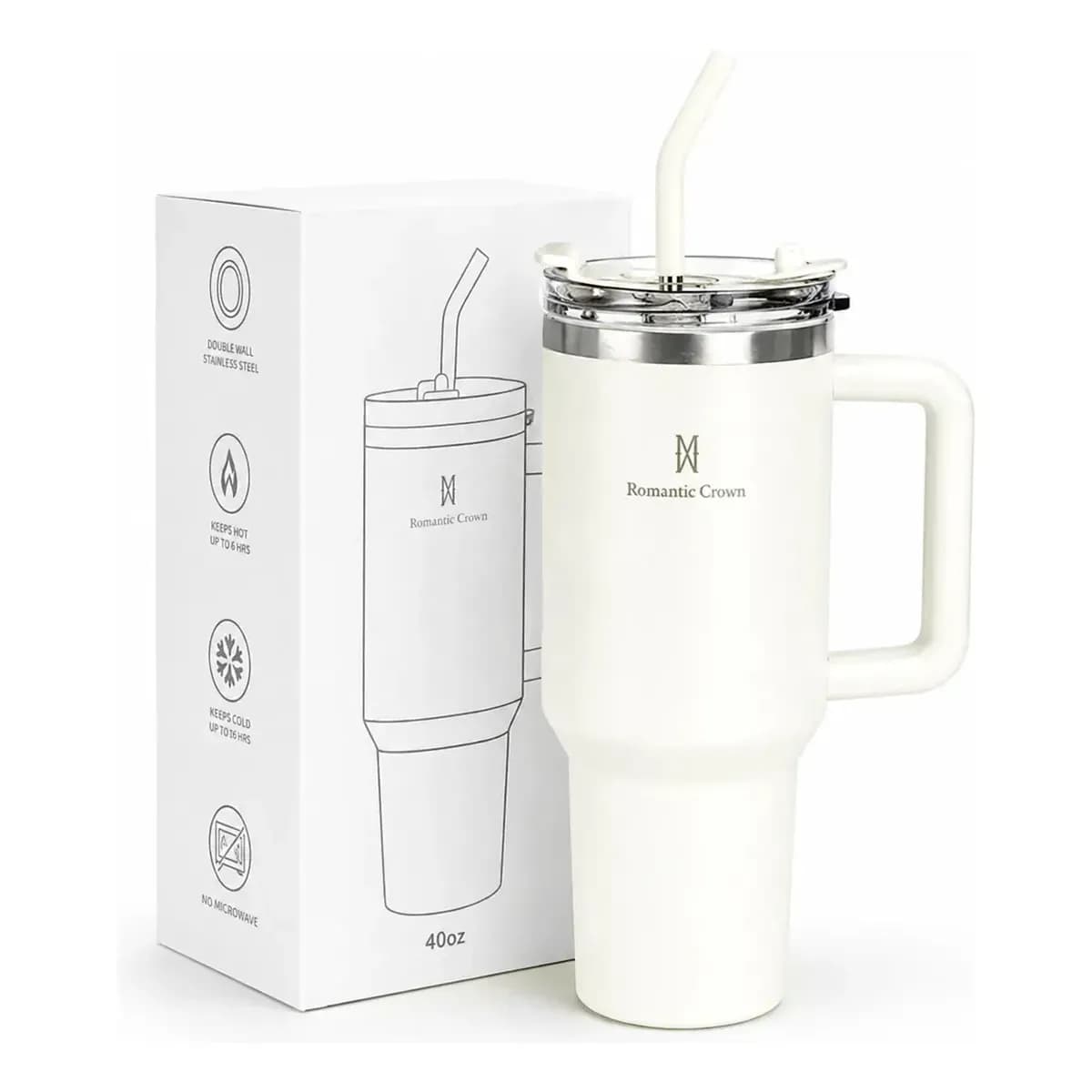 publi | Copo Térmico Gigante 1,2l Inox Com Tampa E Inox Canudo Cor Branco Cor Pura / Material Fosco