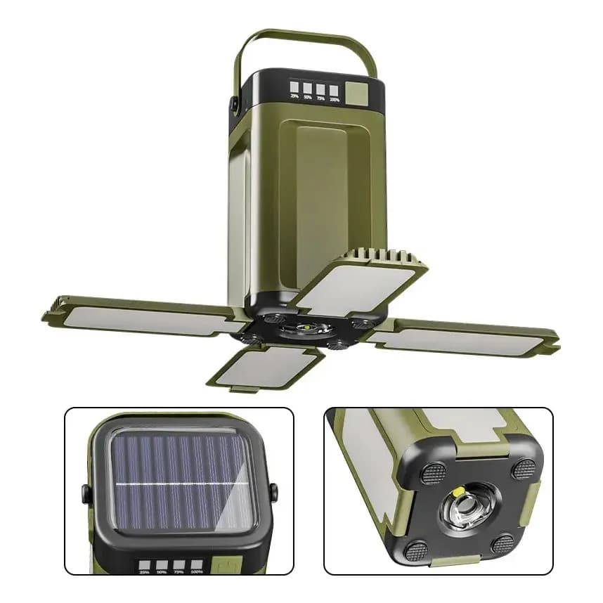 Lanterna Camping Solar Lampião Led Recarregável Usb Barraca Verde 127/220v