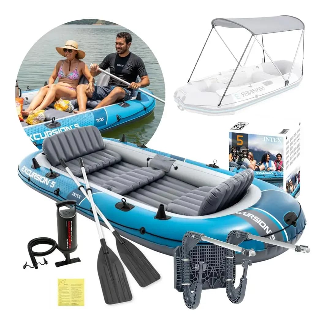 Bote Inflável Excursion 5 Capota Suporte Remos Bomba Intex