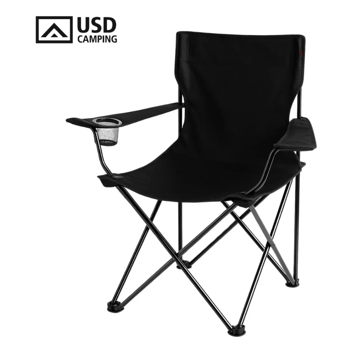 Cadeira Dobrável para Camping USD Preta com Apoio de Braço e Porta-copos