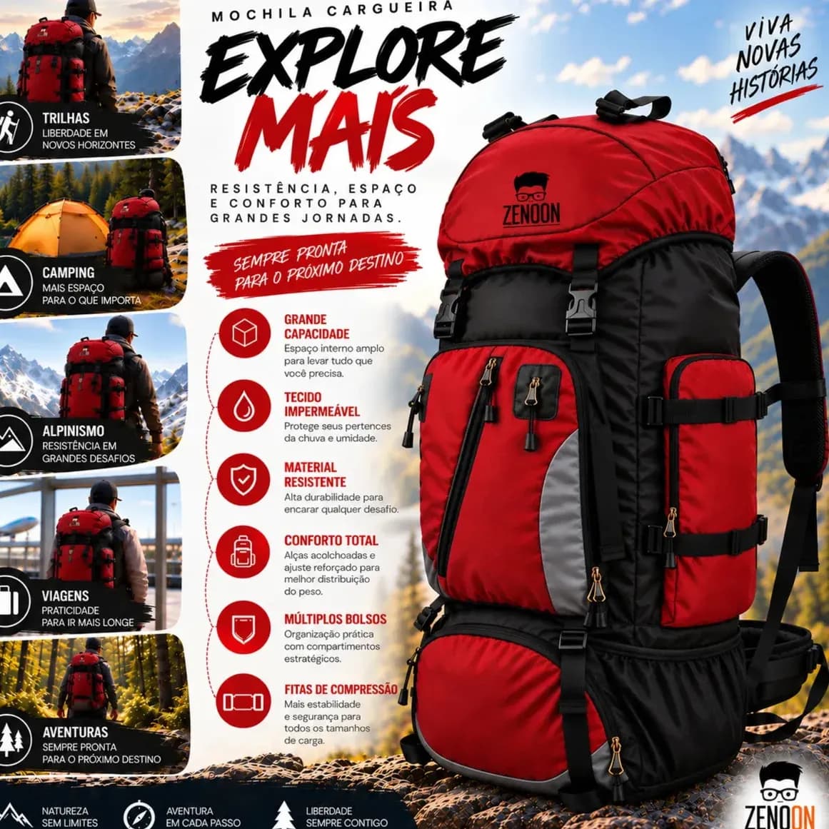 Mochila Cargueira Grande Para Viagem Camping Trilha Trekking Montanhismo Alpinismo Acampamento Mochila Com Múltiplos Bolsos Ajustáveis E Alças Reforçadas Cor Vermelho ZENOON