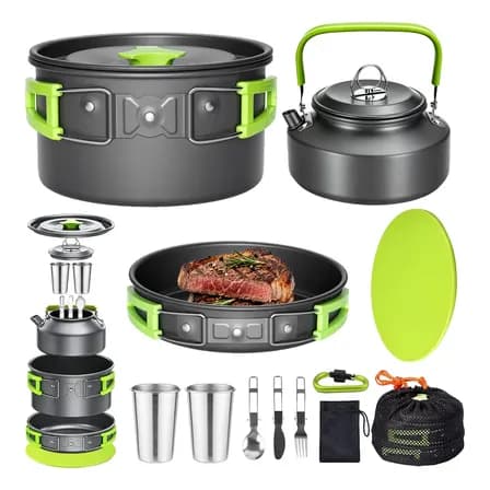 Kit Panelas Camping Portátil Com Chaleira E Talheres