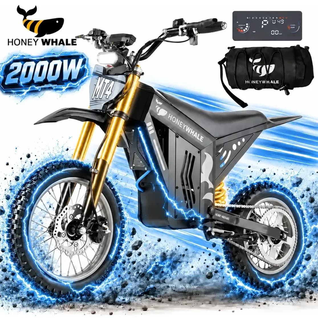Bicicleta Elétrica HONEYWHALE MT4 2000W para Off-road, com Bateria Removível e Suspensão Dupla