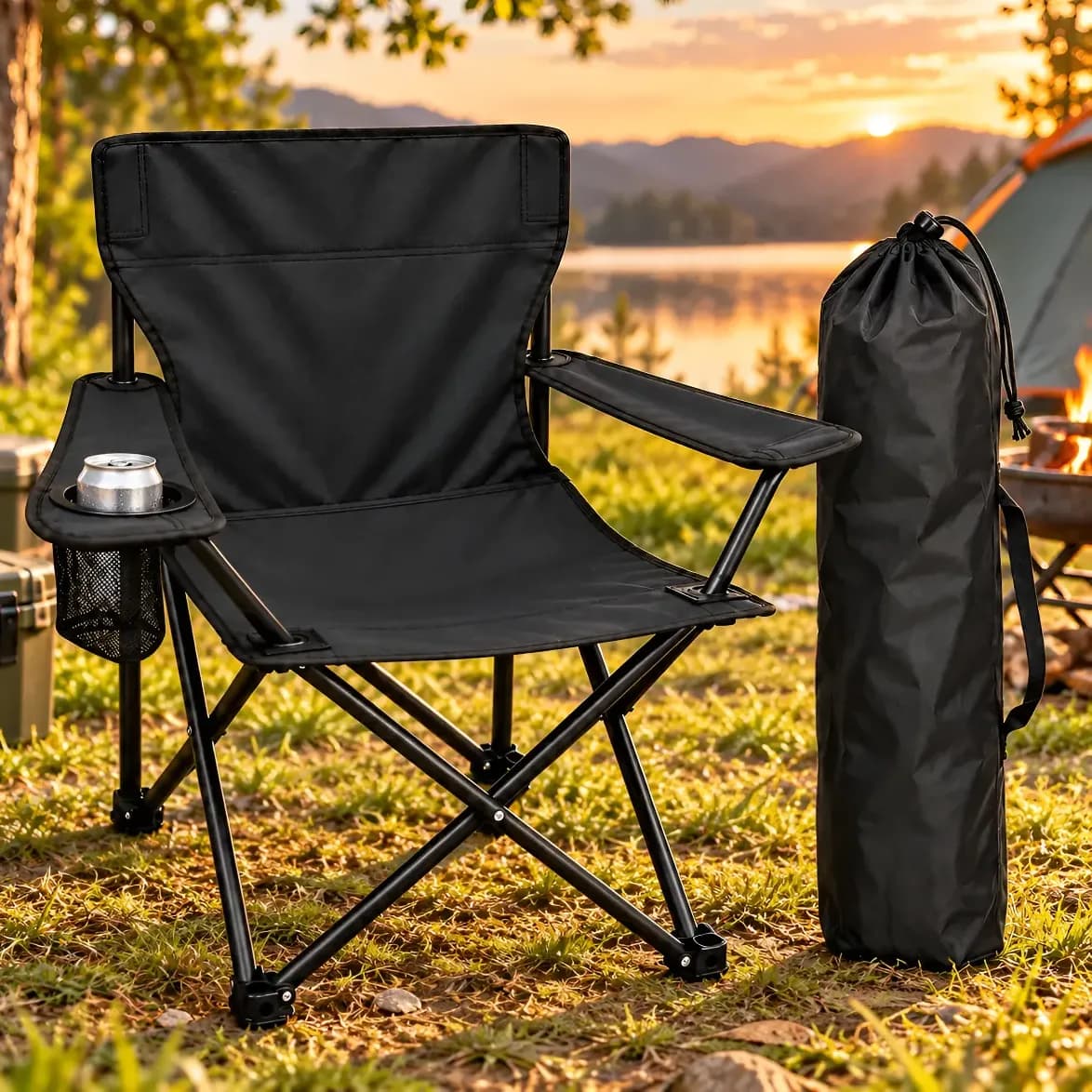 Cadeira Camping Praia E Pesca Dobrável Com Porta Copos Bolsa Preto