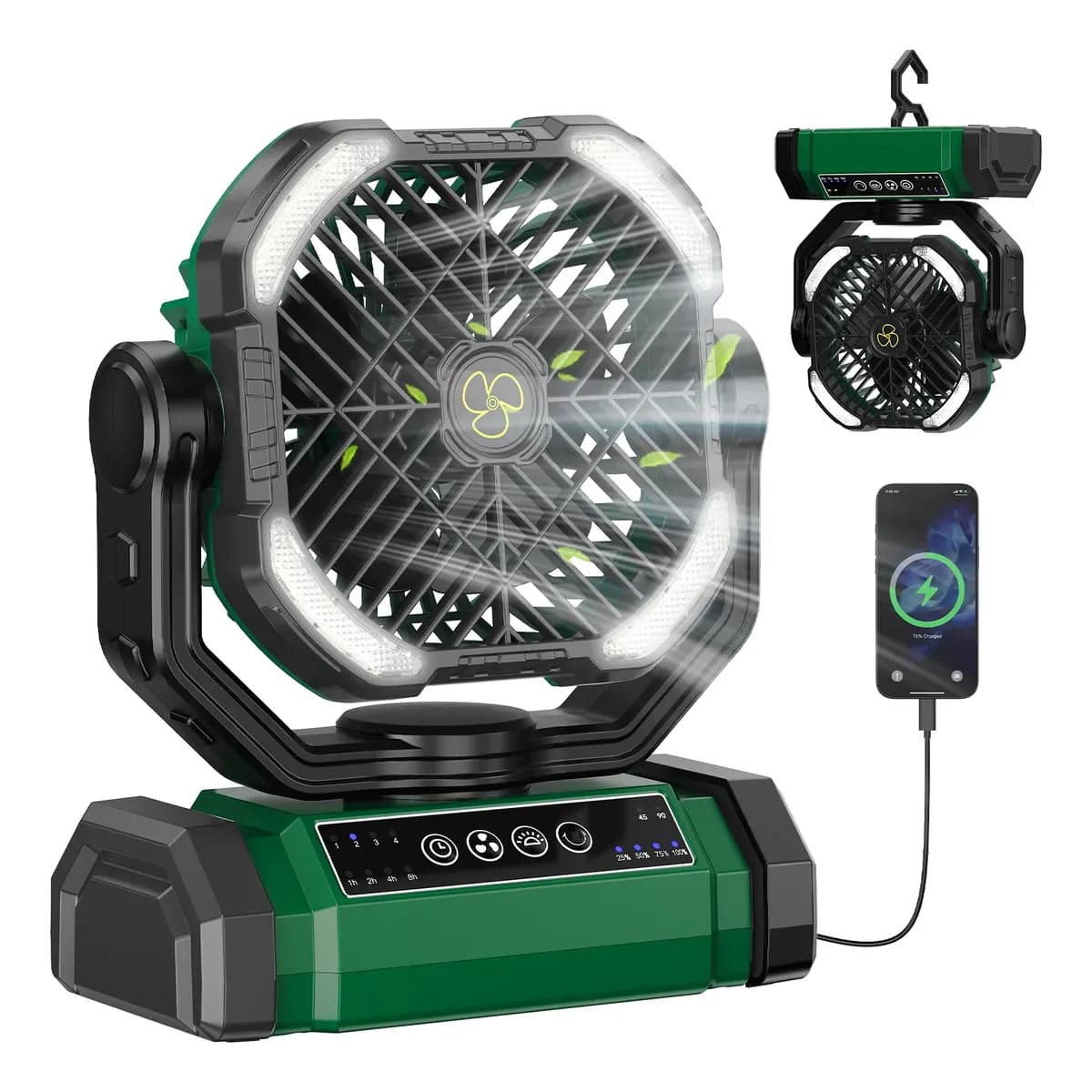 Ventilador Portátil Acampamento Recarregável Com Luz10000mah Verde