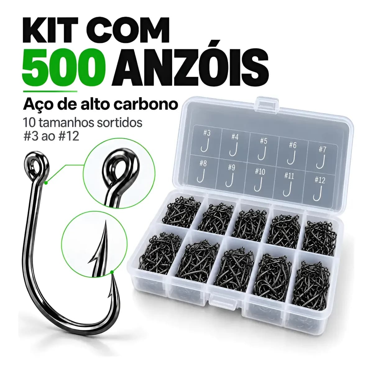 Kit 500 Anzóis Aço Carbono #3 Ao #12 Caixa Anzol Chinu Pesca