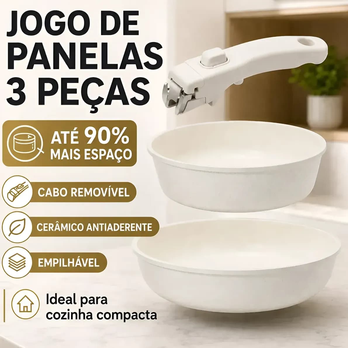 Jogo De Panelas Cerâmica 3 Peças Gás Indução Cabo Removível Bege