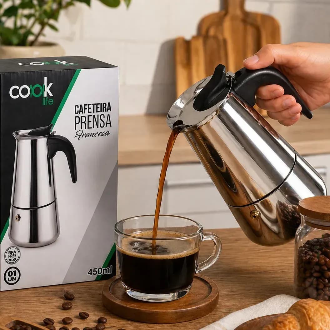 Cafeteira Italiana Inox 450ml 9 Xícaras Moka Expresso Gourmet Café No Fogão Cook Life