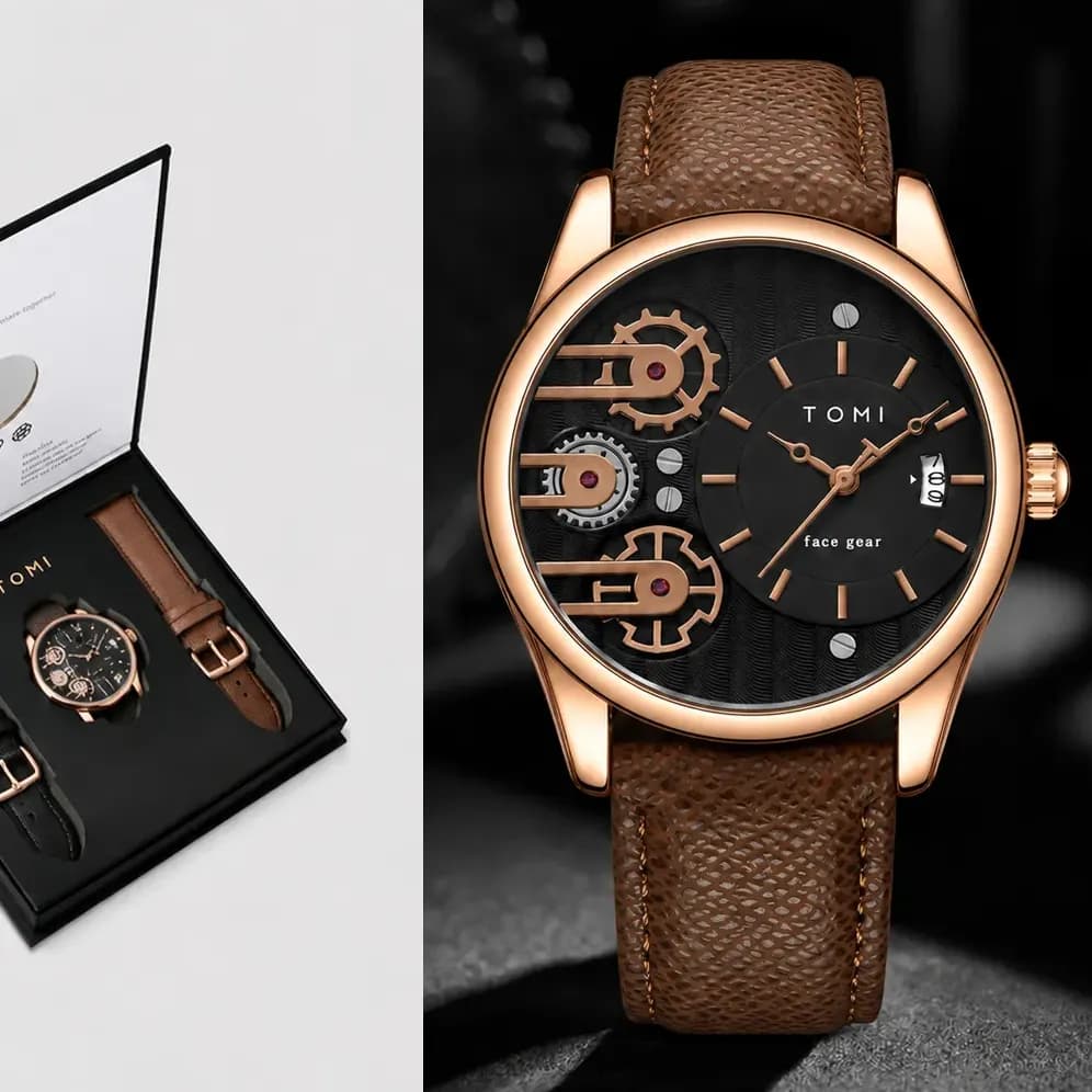Relógio Tomi Masculino T106 Kit Presente Mostrador Preto Marrom/preto Dourado Preto