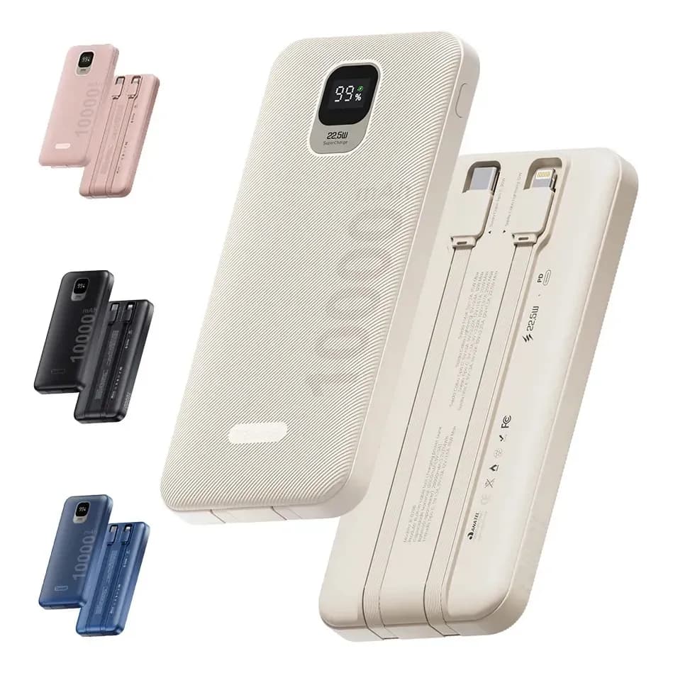 Power Bank 10000mAh 22.5W Carga Rápida Basike com Cabos Integrados, Display Digital, Carregador Portátil para iPhone Samsung Galaxy A17 A16 Motorola Xiaomi Redmi, Branco