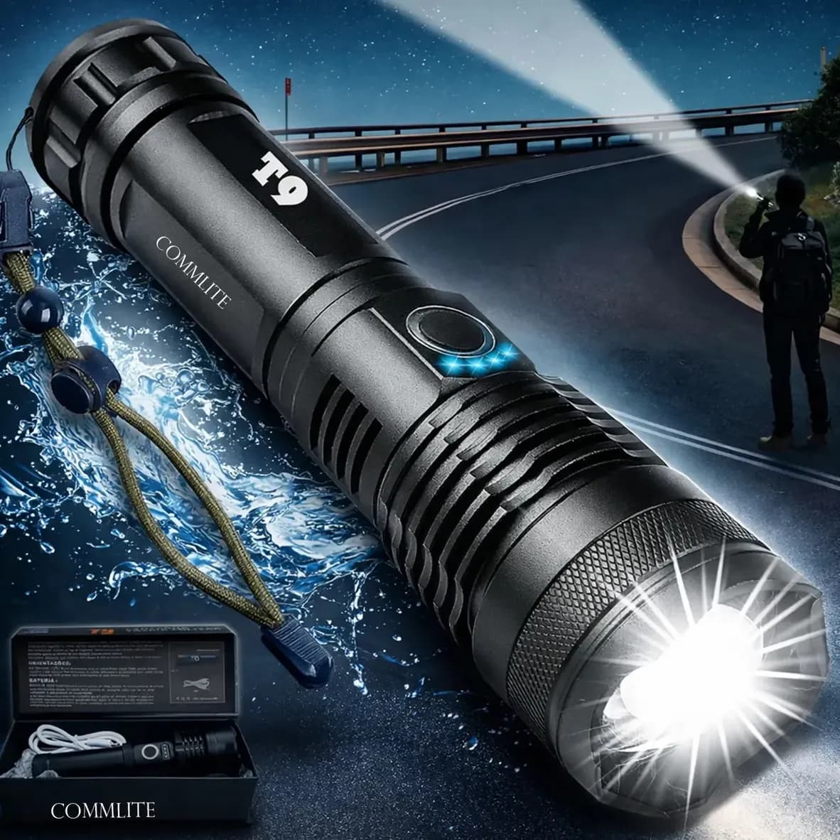 Lanterna Tática T9 Mais Forte Do Mundo Led Recarregável - Potente Profissional Militar Zoom Acampamento Pesca Caça Sobrevivência Emergência Policial Segurança Prova D'água Alumínio Bateria Bivolt