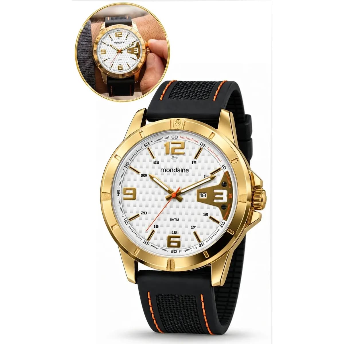Relógio De Pulso Mondaine Com Corria De Silicone Cor Preto - Fondo Branco - Bisel Dourado