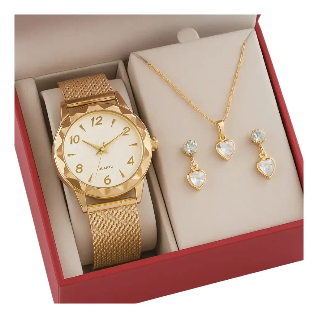 Relógio Feminino + Colar Pingente Brincos Folheado A Ouro 18k Dourado Branco
