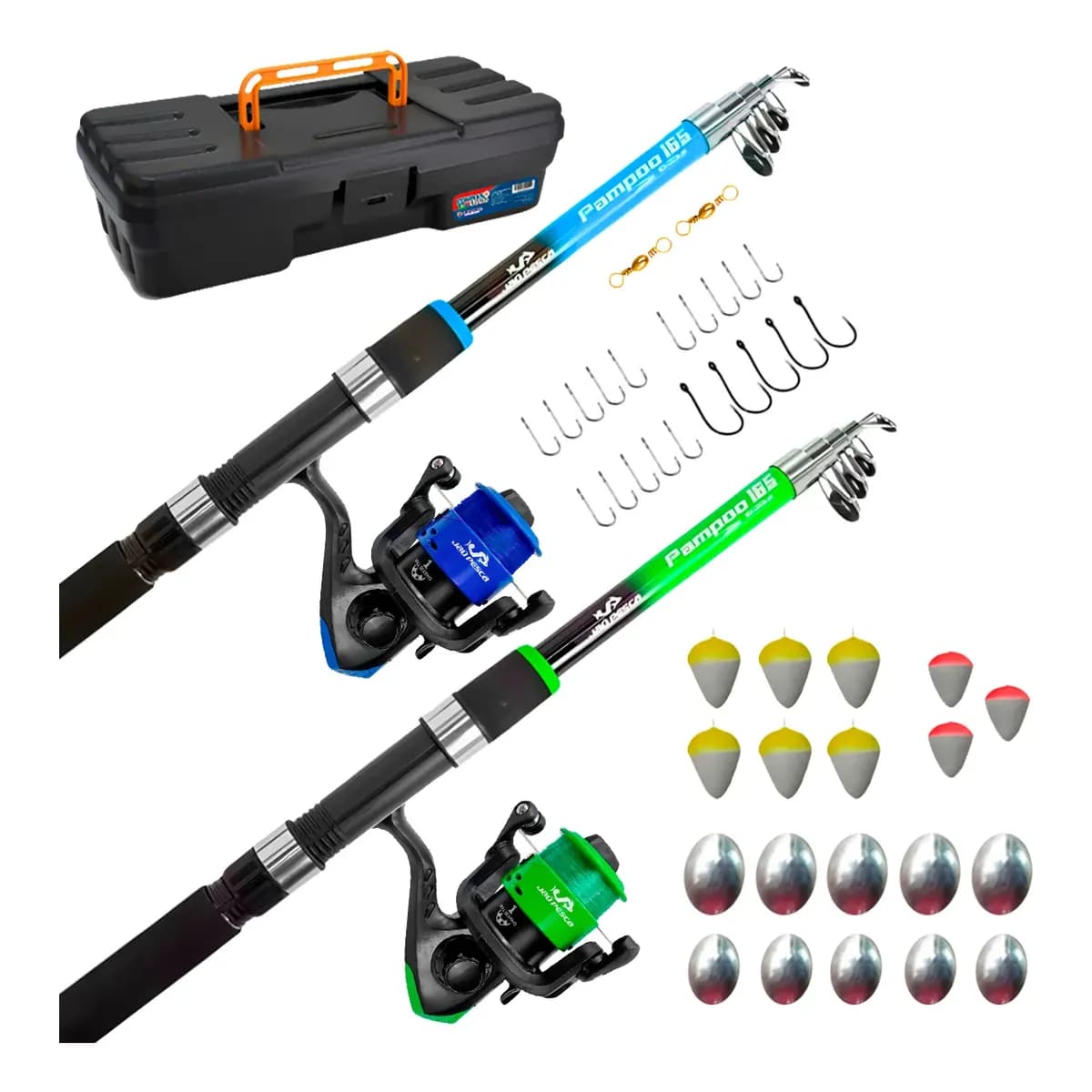 2 Kit Pesca Completo 2 Varas 10kg + 2 Molinetes Jp250 1-rol