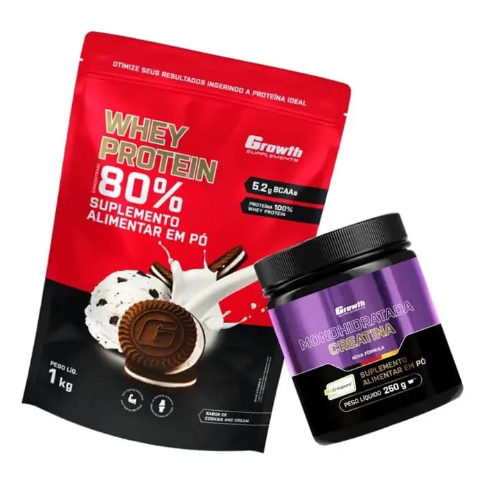 Kit Growth: Whey Protein Cookies And Cream 1kg + Creatina Creapure Sem Sabor 250g