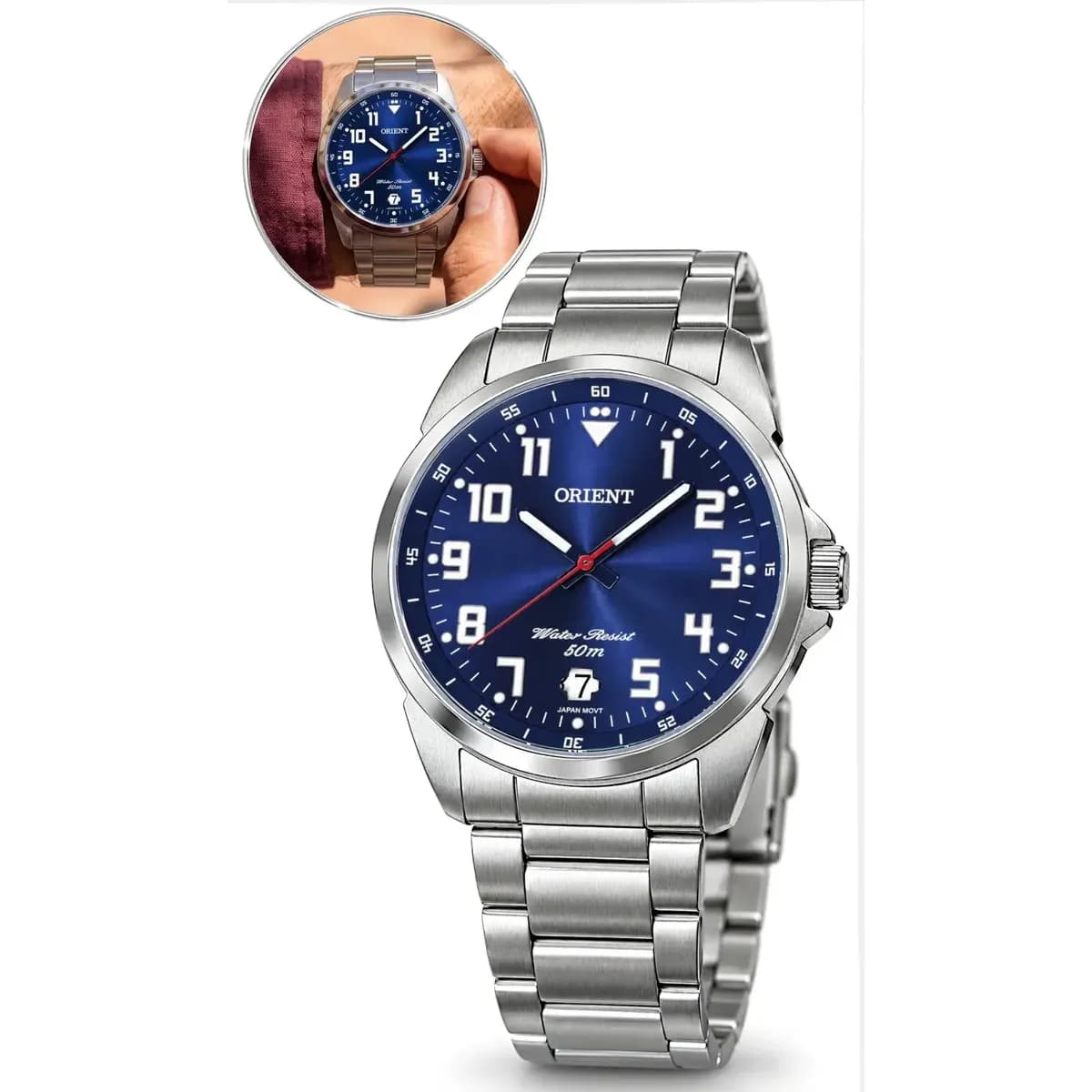 Relógio De Pulso Orient Analógico Com Correia De Aço Inoxidável Cor Prata  - Fundo Azul