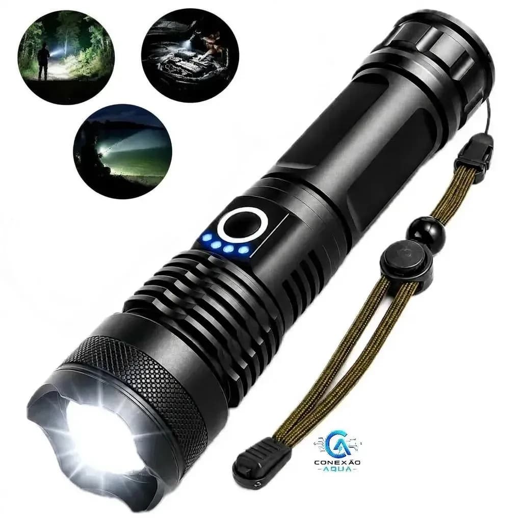 Lanterna Tática T9 Mais Forte Do Mundo Led Recarregável Potente Militar Profissional Prova D'água Resistente Poeira Zoom Acampamento Camping Pesca Caça Sobrevivência Emergência CONEXÃO AQUA